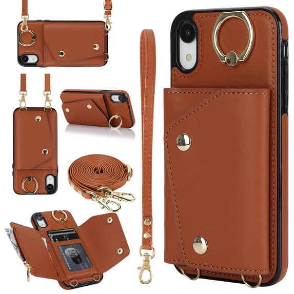 ShellTech for iPhone XR Case with Card Holder and Strap - Zipper Pocket,Crossbody Lanyard Strap,Credit Card Holder,Stand Ring,Cute Phone Wallet Case for Women,Brown