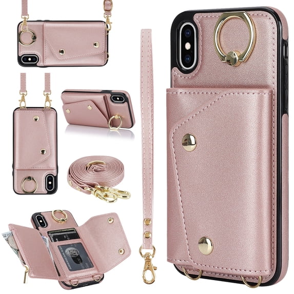ShellTech for iPhone Xs Max Case with Card Holder and Strap - Zipper Pocket,Crossbody Lanyard Strap,Credit Card Holder,Stand Ring,Cute Phone Wallet Case for Women,Rosegold