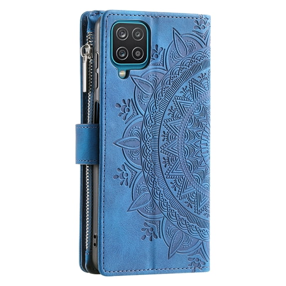 ShellTechb Galaxy A12 5G Case Wallet for Women, Zipper Card Holder Mandala Embosssed PU Leather Wrist Strap Book Folio Flip Cover Compatible,Blue