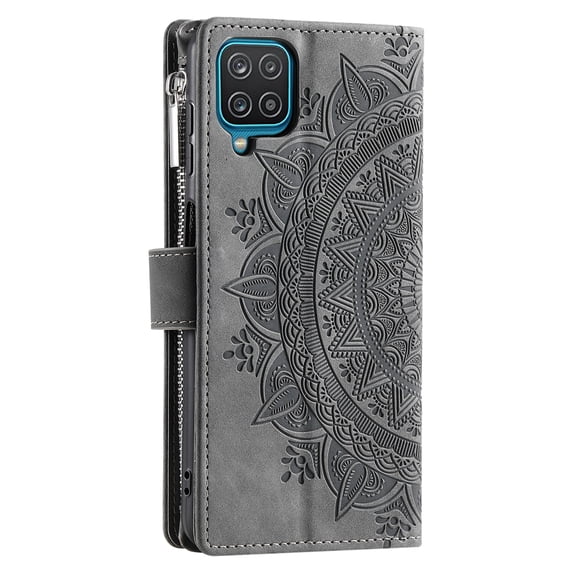ShellTechb Galaxy A12 5G Case Wallet for Women, Zipper Card Holder Mandala Embosssed PU Leather Wrist Strap Book Folio Flip Cover Compatible,Gray