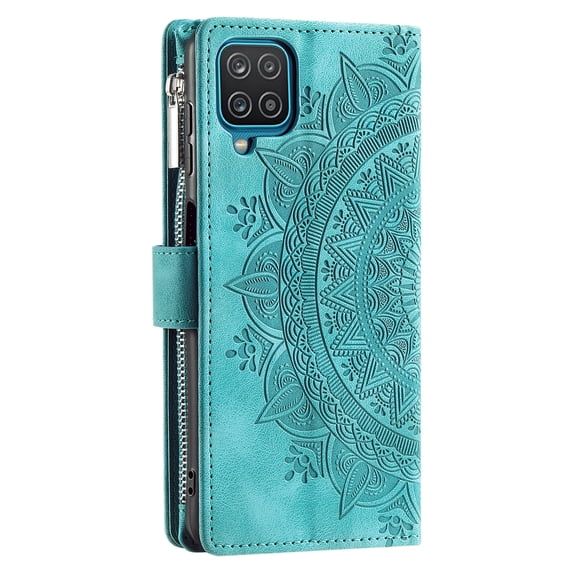 ShellTechb Galaxy A12 5G Case Wallet for Women, Zipper Card Holder Mandala Embosssed PU Leather Wrist Strap Book Folio Flip Cover Compatible,Green