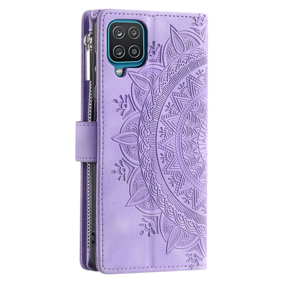 ShellTechb Galaxy A12 5G Case Wallet for Women, Zipper Card Holder Mandala Embosssed PU Leather Wrist Strap Book Folio Flip Cover Compatible,Purple
