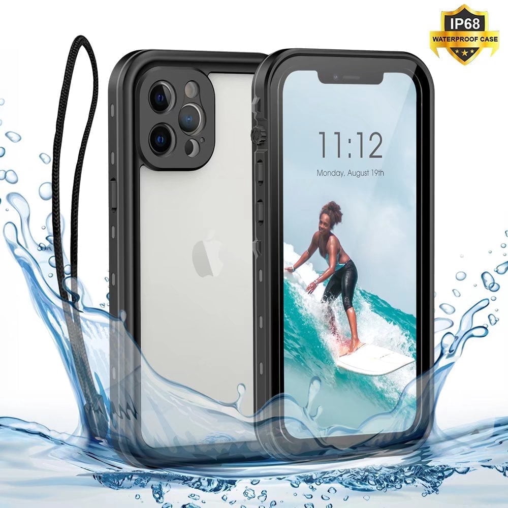 IP68 Waterproof Case for iPhone 12 Pro Max Swimming Built in Screen Protector Military Grade Shockproof Protective Phone Case with Strap (6.7" Black)