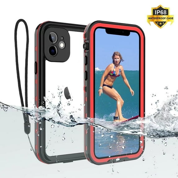 IP68 Waterproof Case for iPhone 12 Shockproof Dust Proof Full Body Hard Case Built-in Screen Protector Underwater Outdoor Clear Phone Cover (6.1" Red)