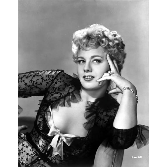 Shelley Winters sitting on Chair in Black Sheer Lace Elbow Ruffle Long Sleeve Dress Photo Print (24 x 30)