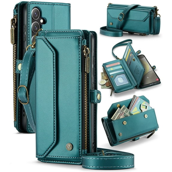 Shellify Crossbody for Samsung Galaxy S23 Case Wallet RFID Blocking with 7-Card Holder Zipper Bills Slot,PU Leather Magnetic Shoulder Strap for Samsung Galaxy S23 5G Phone Case for Women Men,Green