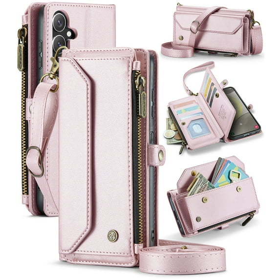 Shellify Crossbody for Samsung Galaxy S23 Case Wallet RFID Blocking with 7-Card Holder Zipper Bills Slot,PU Leather Magnetic Shoulder Strap for Samsung Galaxy S23 5G Phone Case for Women Men,Pink