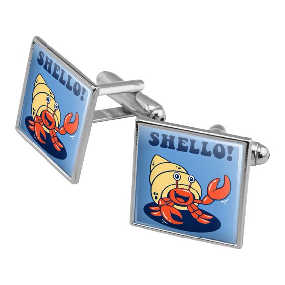 Shello Hello Hermit Crab Shell Funny Humor Square Cufflink Set - Silver or Gold