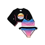 Shelloha Girls Bikini Top, Bottoms and Long Sleeve Rashguard Swimsuit Set, 3-Piece, Sizes 4-16