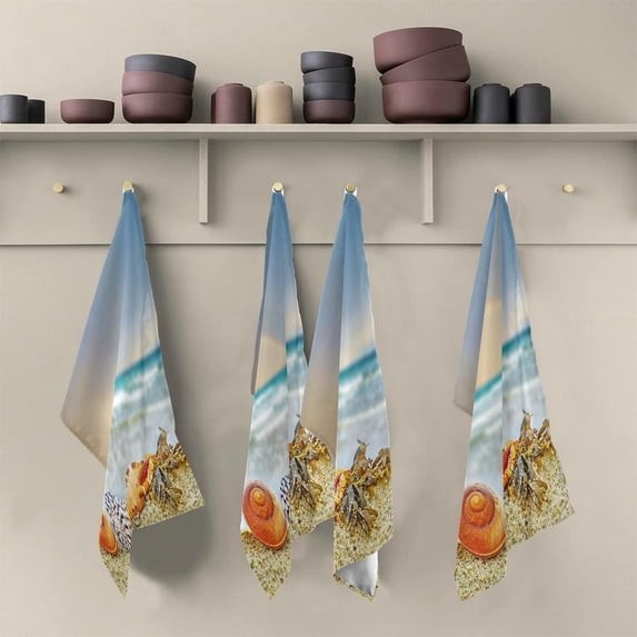 Shells on A Beach Tea Towels Set of 6 Sea Rainbow Kitchen Dish Cloth with Hanging Loop, 18"x28"Lint-Free Absorbent Towel for Kitchen Drying Wiping and Cleaning