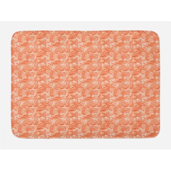 Shells Bath Mat, Sketched Warm Colored Seahorse Starfish Scallops and Lace Murex, Plush Bathroom Decor Mat with Non Slip Backing, 29.5" X 17.5", Burnt Sienna Pale Orange, by Ambesonne