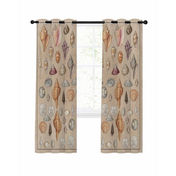 Shells Blackout Curtains for Bedroom Living Room, Retro Ocean Colorful Shell Conch Linen Texture 39 In Long Thermal Insulated Room Darkening Drapes Grommet Window Treatments, 27.5 x 39 In
