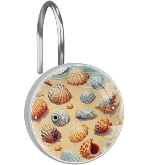 Shells Conch on Seawater Sand Shower Curtain Hooks Round Crystal Glass, Set of 12 Shower Curtain Rings - Shower Hooks for Curtain Shower Rings