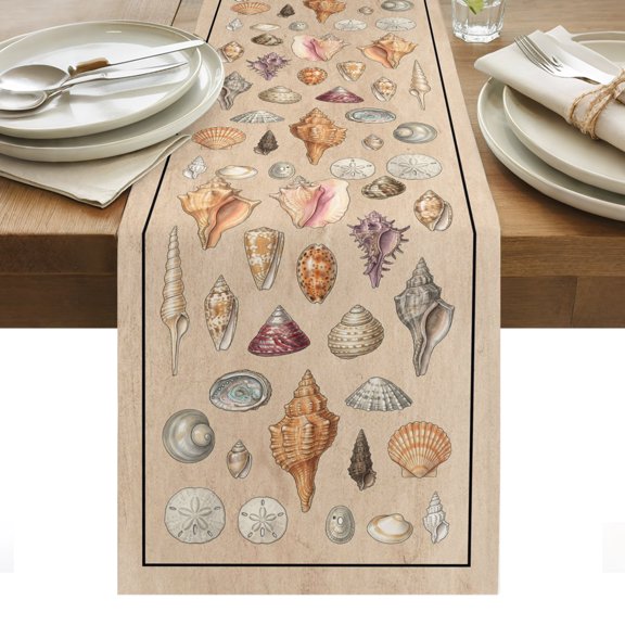 Shells Cotton Linen Table Runner Retro Ocean Colorful Shell Conch Linen Texture Dining Table Runners for Home Decor Party Dining Room Restaurant Kitchen Party 13" x 48"