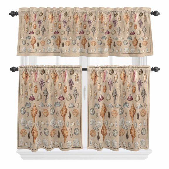 Shells Curtain Valances Set Retro Ocean Colorful Shell Conch Linen Texture Kitchen Curtains 36 inch Length Rod Pocket Valance and Tiers 3 Piece Set Small Bedroom Bathroom Laundry Decor