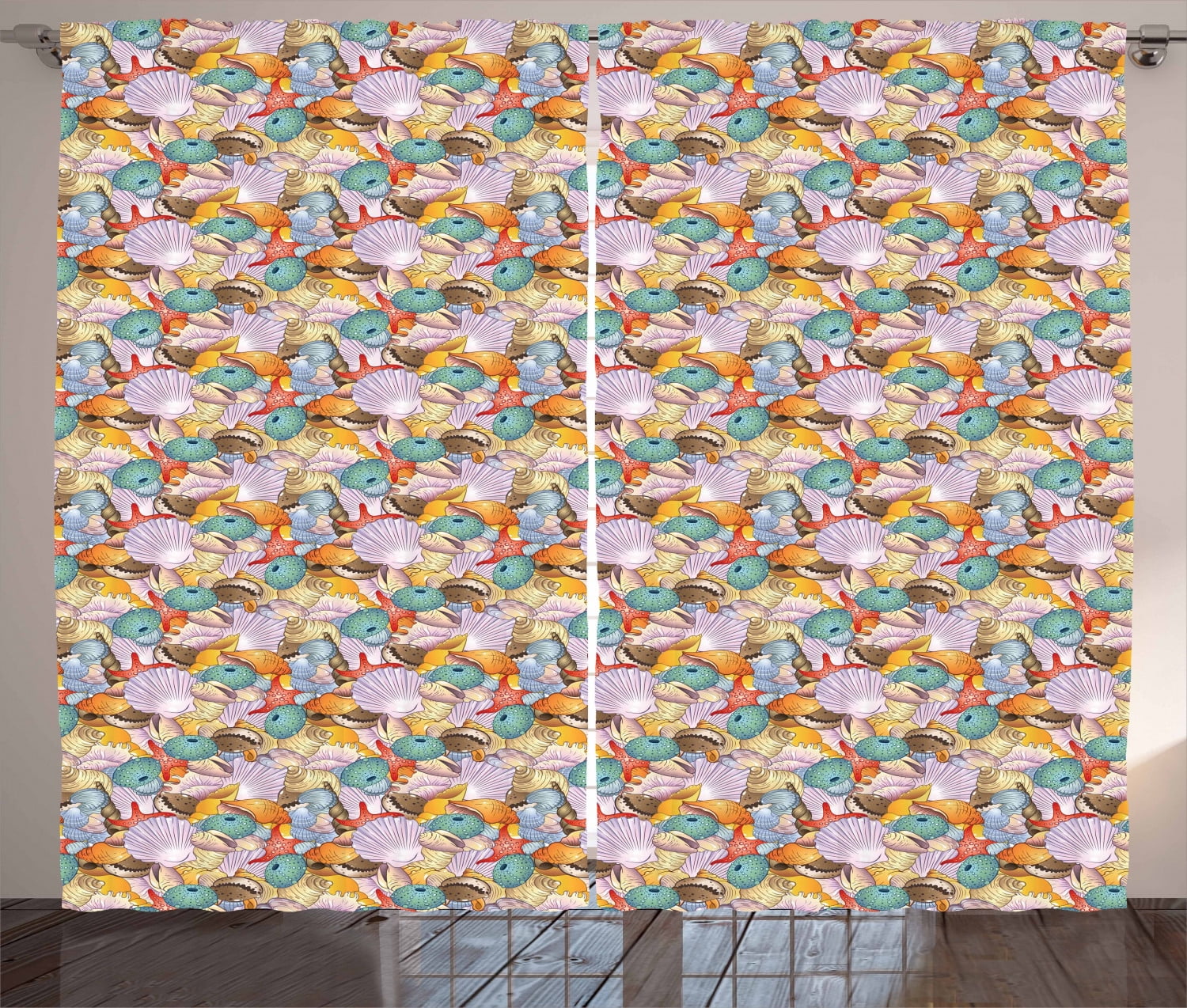 Ambesonne Shells Curtains 2 Panel Set, Pile of Seashells, 108" x 96 ...