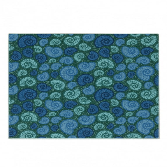 Shells Cutting Board, Periwinkle and Chesnut Turban Shell on Dotted Vortex Shape Motif, Decorative Tempered Glass Cutting and Serving Board, Small Size, Blue Violet Dark Teal, by Ambesonne