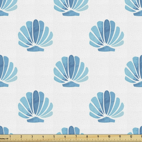 Shells Fabric by the Yard Upholstery, Blended Aquatic Tone Watercolored Painting of Scallop Pattern, Decorative Fabric for DIY and Home Accents, 5 Yards, Blue Sky Blue and White by Ambesonne