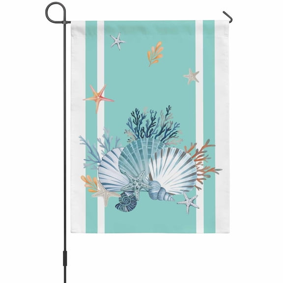 Shells Garden Flag 12 x 18 Inches, Retro Watercolor Shell Coral Starfish Teal Green Stripes Weather Proof Outdoor Patio Flags Double Sided Small Garden Decoration for Yard Outside Home