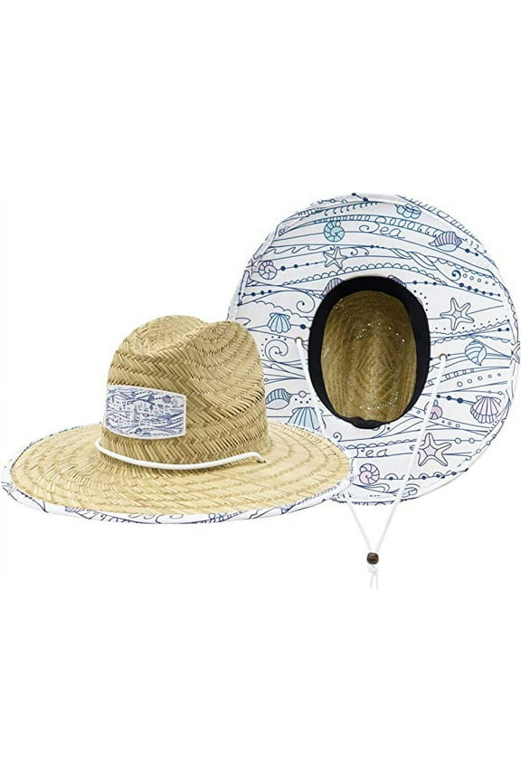 Shells Kids Fabric Pattern Print Straw Children's Sunhat, Boy & Girl, Ages 3+, Lifeguard Hat, Beach, Swim, Cruise, Paddle Board, Boat, Fishing, Fits All, Malabar Hat