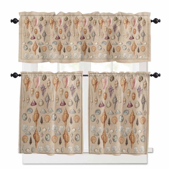 Shells Kitchen Curtains Valance and Tier Set Retro Ocean Colorful Shell Conch Linen Texture Rod Pocket Short Curtains for Small Window 3 Pieces Set for Bedroom Bathroom Cafe (54" x 18"+27" x 24")