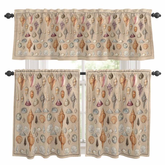Shells Kitchen Curtains Valances and Tiers Set of 3 Retro Ocean Colorful Shell Conch Linen Texture Tier Curtains and Valance with Rod Pocket for Small Windows, 27.5"x24"