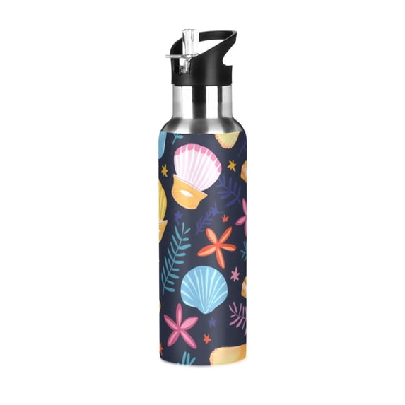 Shells Leaves Flowers Sports Water Bottle with Straw Lid Insulated Stainless Steel Leak Proof BPA Free Thermal Mug with Handle for Gym Yoga Cycling Camping