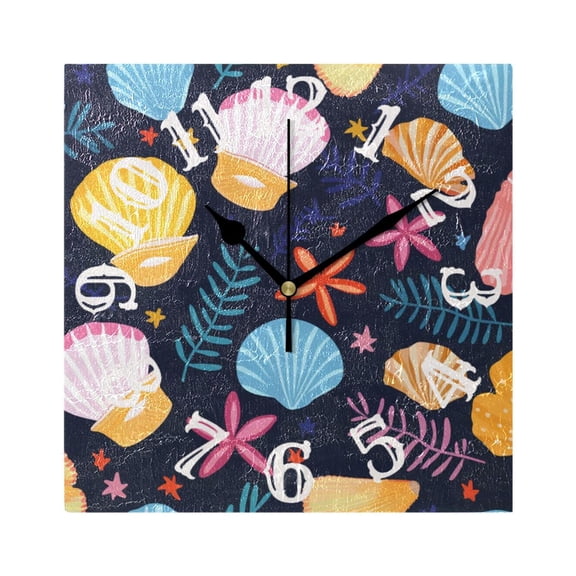 Shells Leaves Flowers Wall Clock Square Silent Non Ticking Battery Operated Clock for Home Bathroom Kitchen Bedroom Living Room