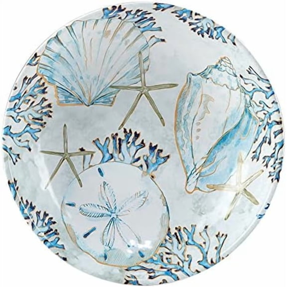 Shells Oz. Serving Bowl Blue Gold White Coastal Ceramic 1 Piece Dishwasher Safe$$Home Decor, Kitchen, & Other