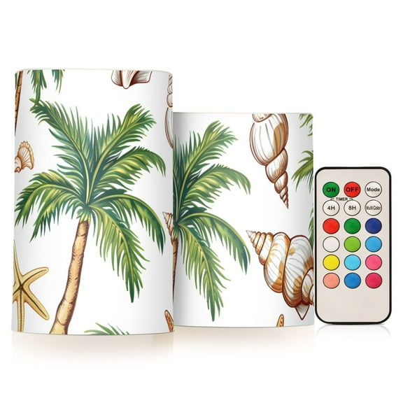 Shells Palm Trees Flameless CandlesLED Lights Battery Operated Candles with Remote and Timers Flicker Lights Votive Set of 2