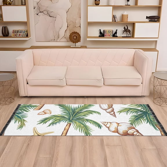 Shells Palm Trees Runner Rug Non-Slip Area Rugs Linen Washable Non Shedding for Kitchen Bedroom Carpet