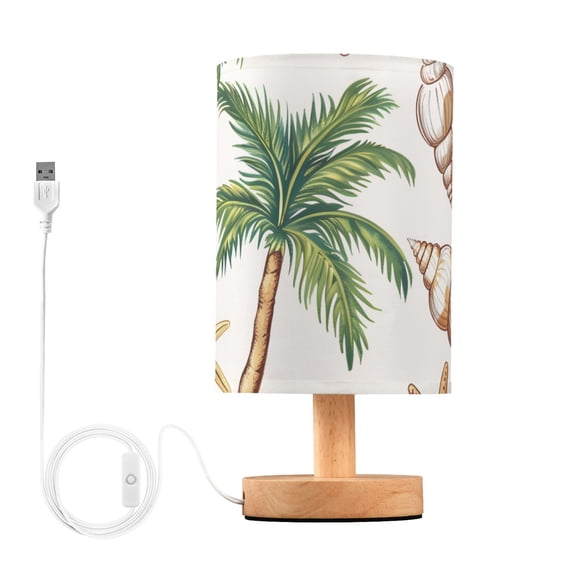 Shells Palm Trees Table Lamp USB Bedside Desk Nightstand Lamp Printed Gifts Small Lamp Wood Base for Bedroom Living Room Kids Room College Dorm