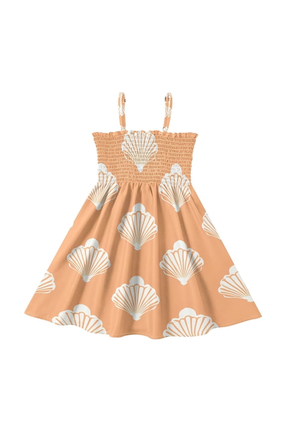 Shells Pattern Girls' Casual Dresses 2Y-8Y Sleeveless Ruffle Neck for Summer Daily Wear