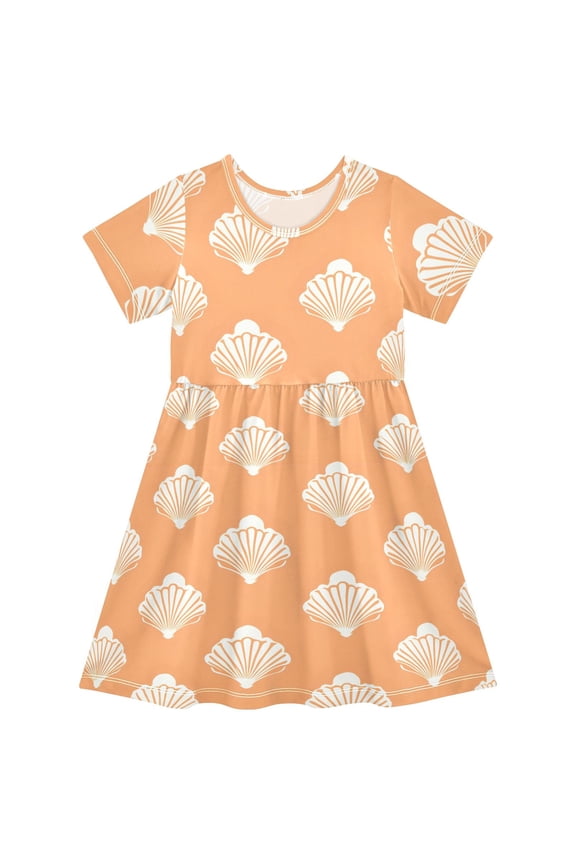 Shells Pattern Girls Short Sleeve Dress A Line Sun Protection Breathable Comfort Sundress 3T