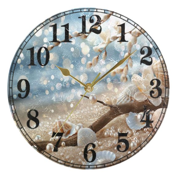 Shells Pearls on Beach Silent Wall Clock 10" Non-Ticking Battery Clock