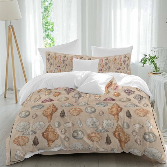 Shells Queen Size Comforter Set, Retro Ocean Colorful Shell Conch Linen Texture Bedding for All Seasons, 4 Pcs Bed Set, 1Quiltcover (90"x92") ,1Sheet(94"x116"), 2Pillowcases (30"x20")
