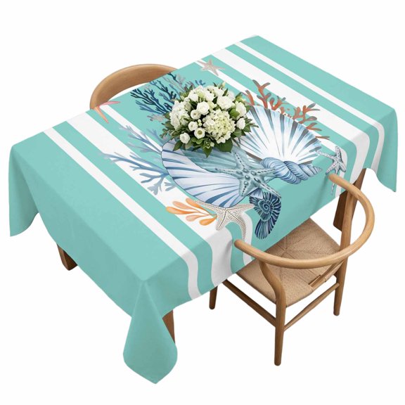 Shells Rectangle Tablecloth Retro Watercolor Shell Coral Starfish Teal Green Stripes Waterproof Wrinkle Free Soft Table Cloth Spill-Proof Washable Table Cover for Dining Party Picnic 60 x 120 Inch