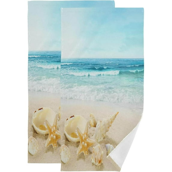 Shells Sandy Beach Hand Towels, Summer Blue Ocean Kitchen Towel Ultra Soft and Absorbent,Decorative Fingertip Face Towel for Bathroom Hotel, 2 PCS, 28.3"x 14.4"