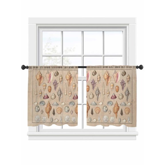 Shells Sheer Curtains 54 Inch Long 2 Panels, Retro Ocean Colorful Shell Conch Linen Texture Light Filtering Rod Pocket Curtains, Sheer Voile Drapes for Living Room Bedroom, 52"x54"