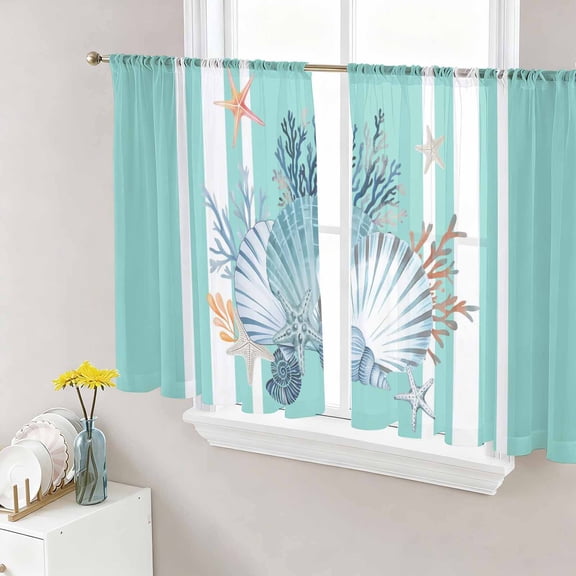 Shells Sheer Curtains for Living Room Bedroom, Retro Watercolor Shell Coral Starfish Teal Green Stripes Light Filtering Sheer Curtain Rod Pocket Voile Window Treaments Drapes, 52 x 45 Inches