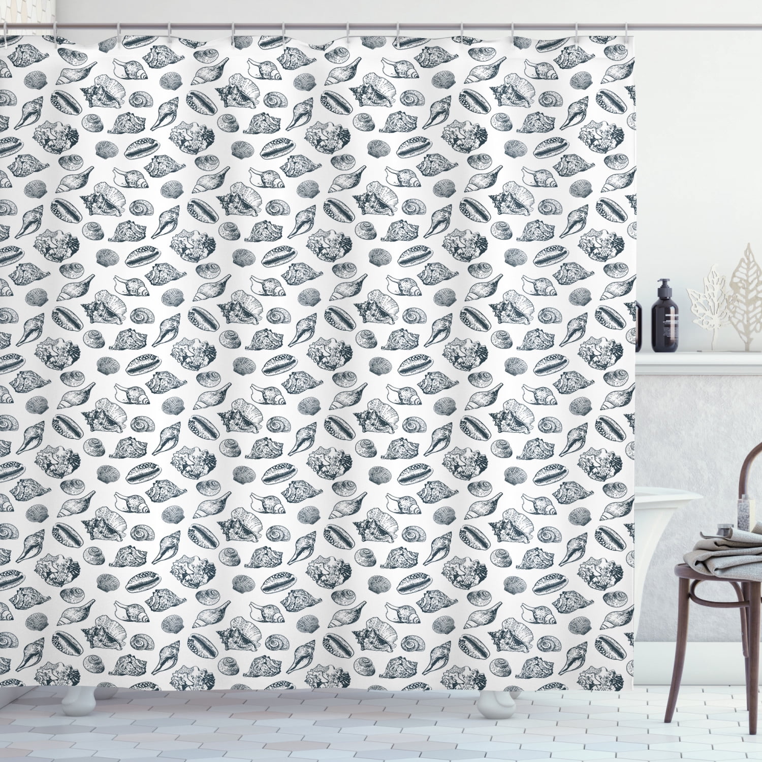 Shells Shower Curtain, Sketched Hand Drawn Seashell Outlines Florida