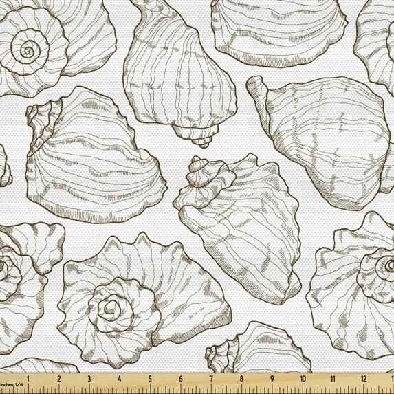 Shells Sofa Upholstery Fabric by the Yard, Detailed Linear Style Hand Drawn Sketched and Hatched Swirl Shell, Decorative Fabric for DIY & Home Accents, 2 Yards, Dark Taupe and White by Ambesonne