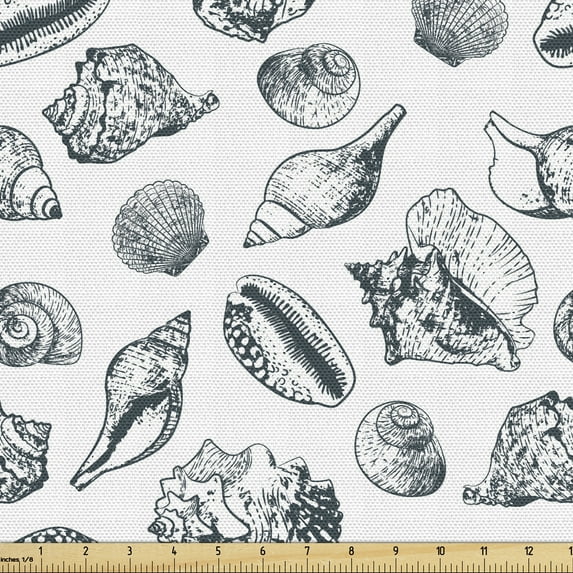 Ambesonne Shells Fabric by the Yard Upholstery, Florida Fighting Conch, 5 Yards, Dark Blue and White