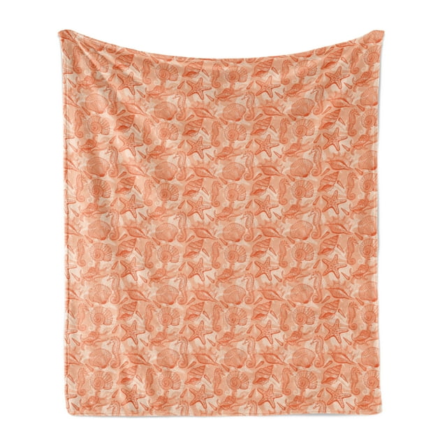 Shells Soft Flannel Fleece Throw Blanket, Sketched Warm Colored Seahorse Starfish Scallops and Lace Murex, Cozy Plush for Indoor and Outdoor Use, 60" x 80", Burnt Sienna Pale Orange, by Ambesonne