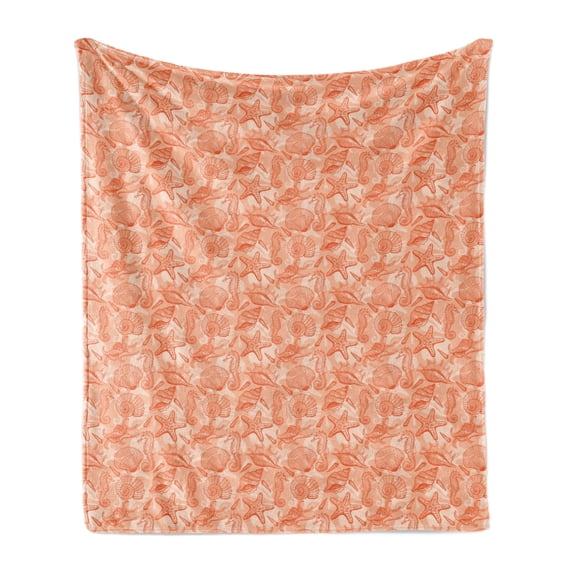 Shells Soft Flannel Fleece Throw Blanket, Sketched Warm Colored Seahorse Starfish Scallops and Lace Murex, Cozy Plush for Indoor and Outdoor Use, 70" x 90", Burnt Sienna Pale Orange, by Ambesonne