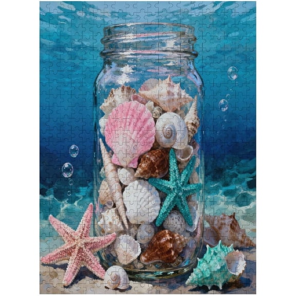 Shells and Star Fish Jigsaw PuzzleGlass Jar Ocean Sea Landscape 500 Pieces Jigsaw Puzzles for Adults20.5x15 Inches Puzzles for FamilyHD Quality Puzzle GiftFamily Activity Perfect for Game Night