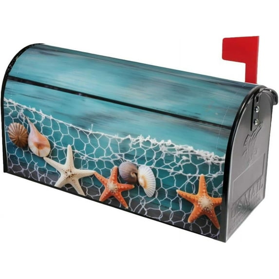 Shells Starfish Fishing Net Summer Mailbox Covers Magnetic Post Box Cover Wraps Standard Size 21x18 Inches for Garden Yard Decor