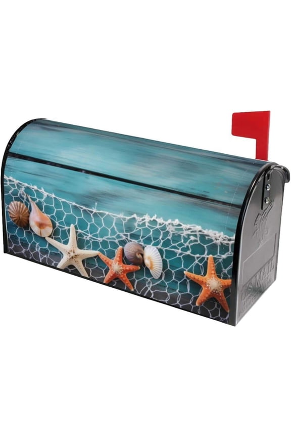 Shells Starfish Fishing Net Summer Mailbox Covers Magnetic Post Box Cover Wraps Standard Size 21x18 Inches for Garden Yard Decor