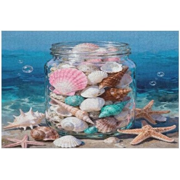 Shells and Starfish Jigsaw Puzzle for Adults 1000 Pieces, Ocean Landscape in Glass Jar, HD Quality, Family Activity, Relaxing Home Decor, Finished Size 30x20 in