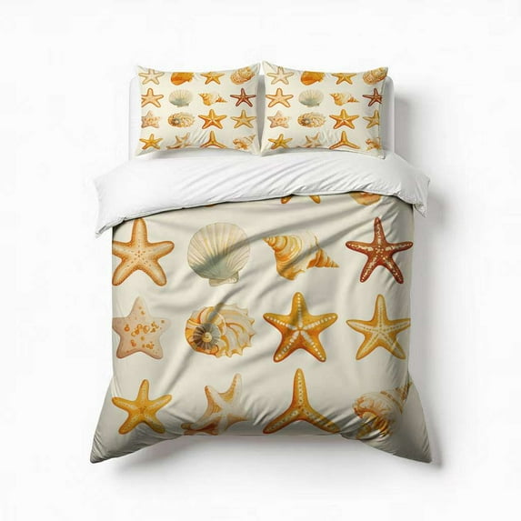 Shells Starfish Marine Pattern Bedding Set 3 Pcs Soft Microfiber Quilt Cover For Bedroom Decor, Comforter Cover With 2 Pillowcase